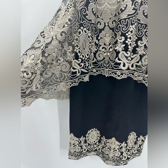 Marchesa 100% Silk Lace Pattern Shift Dress Black Gold Womens 2 Short Cap Sleeve - Picture 5 of 12